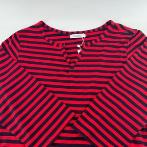 HOJUDO Women's Casual Nautical Red Navy Striped V-Neck 3/4 Sleeve Tunic Top Sz L